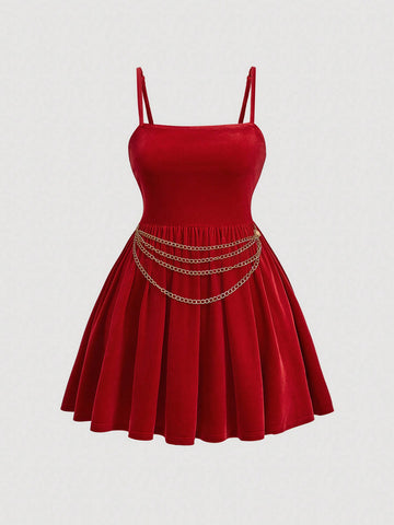 Plus Size Solid Color Chain Decoration Spaghetti Strap Dress