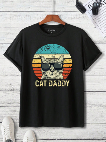 Men'S Cat & Letter Printed T-Shirt