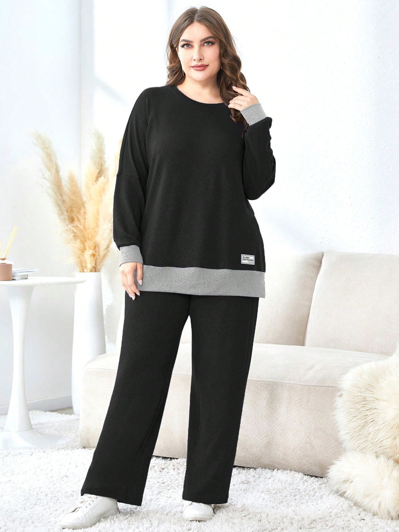 Plus Size Color-Blocked Long Sleeve Sweatshirt And Pants Two Piece Set