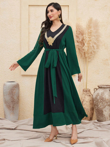 Women'S Embroidery Patchwork V-Neck Color Block Long Sleeve Dress
