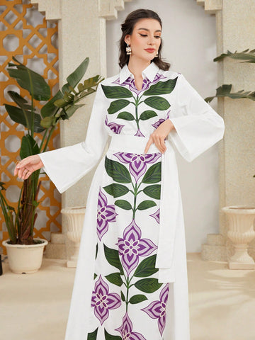 Women's Modest Full Length Arabian Collar Jalabiya Dress With Floral Printed Shirt