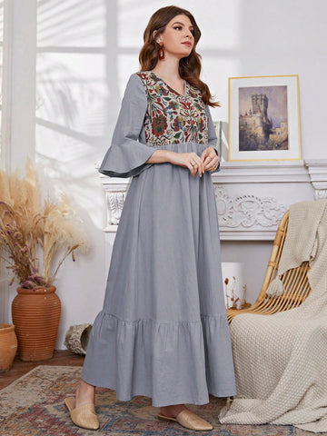 Plant Print Bell Sleeve Abaya Dress With Ruffle Hem