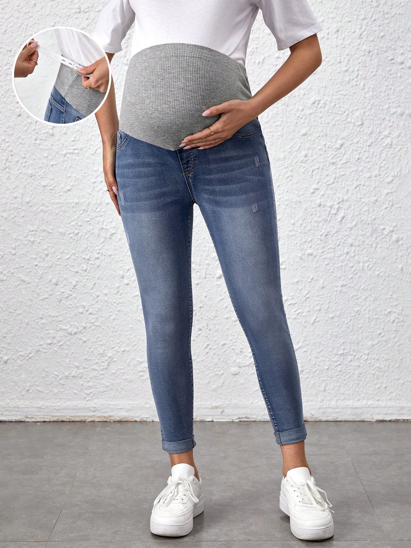 Maternity Elastic Skinny Fit Knitted & Denim Patchwork Adjustable Waist Jeans For Casual Wear