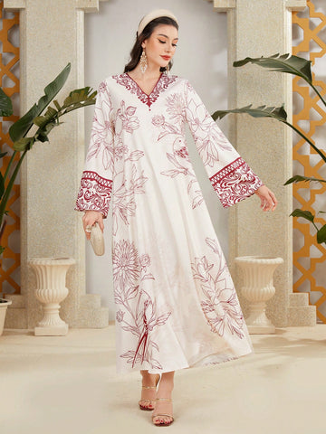Women's Floral Printed Bell Sleeve Dress In Arabian Style