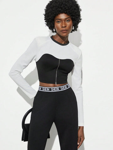 Women's Color Blocking Long Sleeve Cropped T-Shirt
