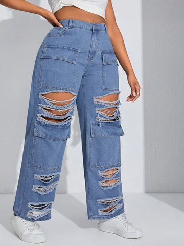 Plus Size Women'S Non-Stretch Straight-Leg Jeans With Multi-Dimensional Distressed Design, Sexy And Trendy