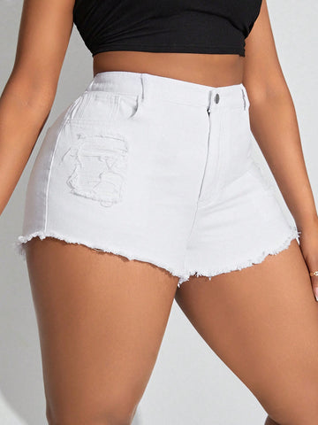 White Sexy High Waist Plus Size Women'S Frayed Denim Shorts