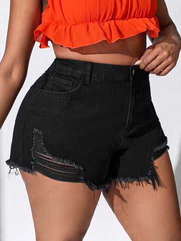Plus Size Irregular Cutout Ripped Denim Shorts In Tight Fitting College Style