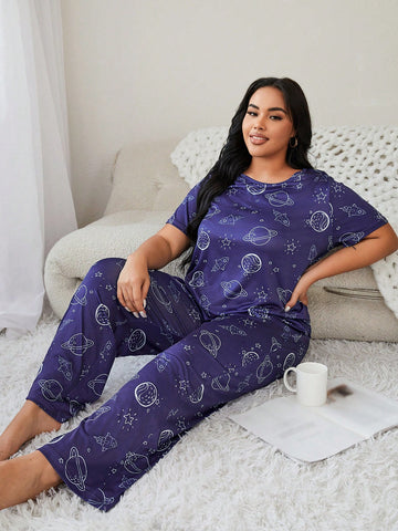 Plus Size Women's Cosmic Elements Short Sleeve Pajama Set