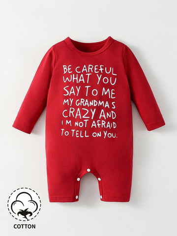 Baby Boy Casual Wearable Basic Bodysuit With Fun Letter Print For Everyday Wear