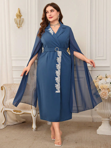 Plus Size Embroidered Cape Sleeve Wrap Dress With Waist Belt