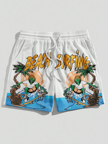 Men'S Printed Drawstring Waist Vacation Shorts, Suitable For Spring And Summer