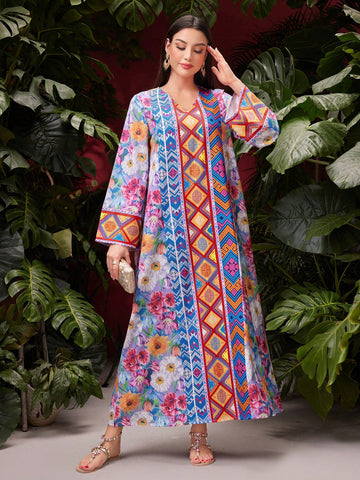 Women'S Geometric & Floral Printed V-Neck Kaftan Dress In Arab Style
