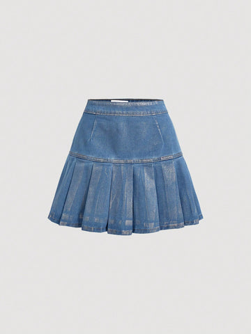Women'S Denim Mini Skirt With Pleats For Party & Music Festival
