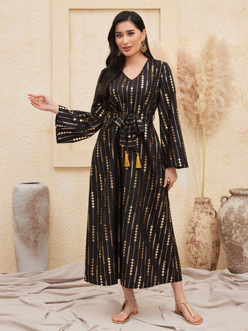 Women's Arab Style Gold Foil Geometric Pattern Bell Sleeve Dress