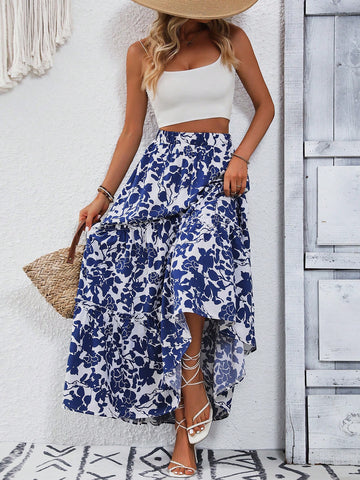 Floral Printed High-Low Hem Skirt With Ruffled Hem