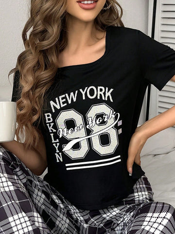 Women's Letter And Number Printed Sleepwear Top