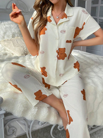 Ladies' Pajama Set With Bear And Letter Print