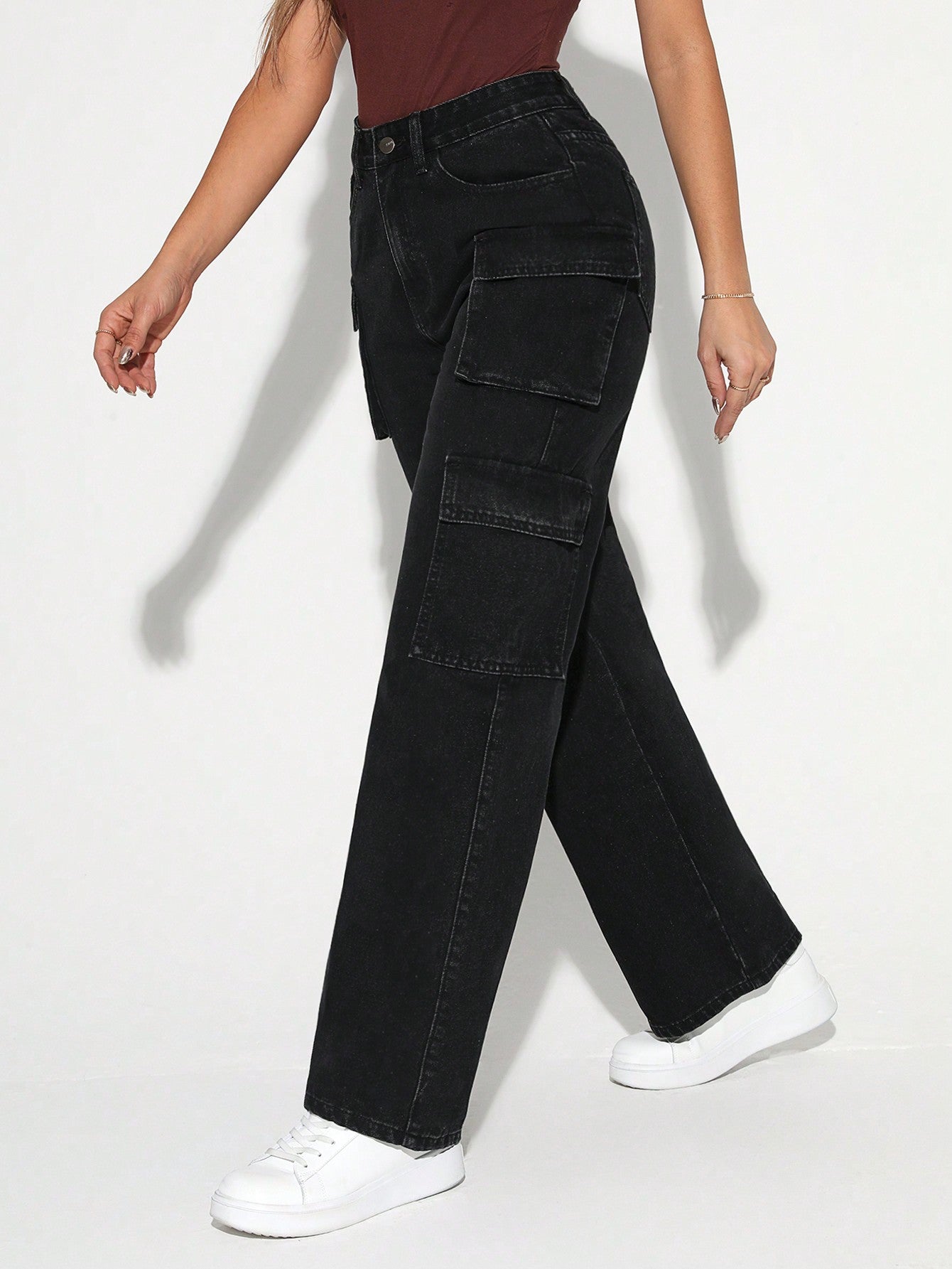 Women'S Flap Pocket Casual Wide Leg Jeans