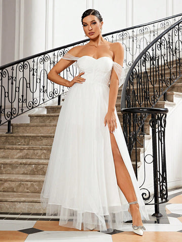 Women's White Off Shoulder Slit Romantic Elegant Wedding Dress With A-Line Skirt
