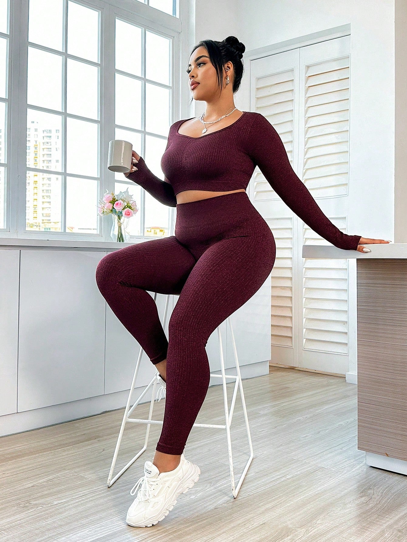 Women'S Plus Size Sports Tracksuit With Ribbed Pattern, Long Sleeve And Long Pants