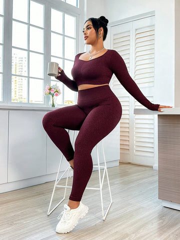 Women'S Plus Size Sports Tracksuit With Ribbed Pattern, Long Sleeve And Long Pants