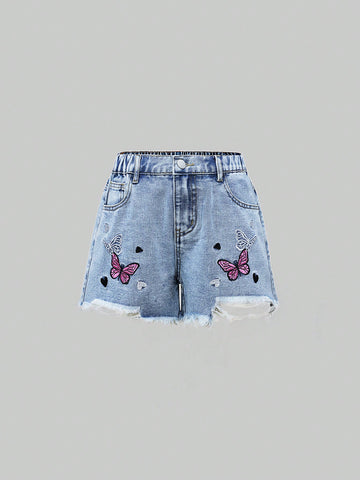 Tween Girls' Casual Cool Frayed Denim Shorts With Comfortable Elastic Waistband, Distressed Hemline, Embroidered Butterfly Detailing And Snow Wash Treatment