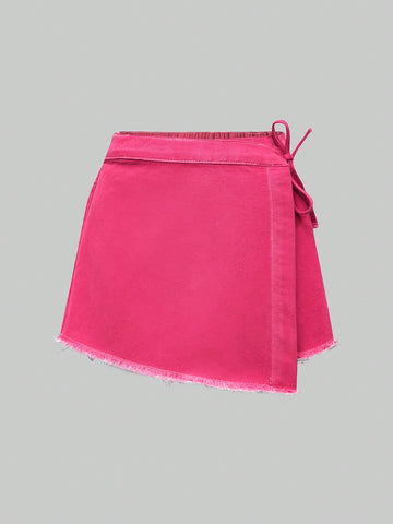 Tween Girl's Wrap-Front Skirt With Frayed Hem