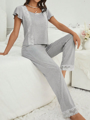 Women's Grey Sweetheart Neck Short Sleeve Top And Pants Pajama Set