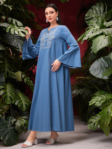 Women's Embroidery Bell Sleeve Maxi Loose Arabian Jalabiya Dress