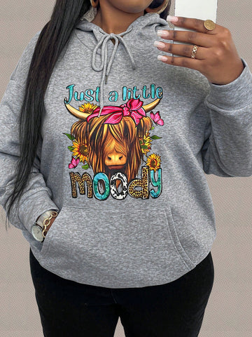 Plus Size Women's Pullover Hoodie With Cowhead & Letter Print And Drawstring