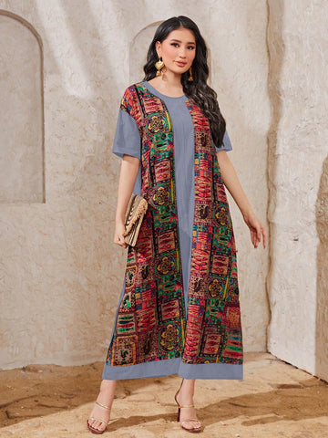 Patchwork Print Loose Fit Casual Dress With Round Neck