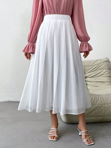 Solid Color Pleated Loose Fit A-Line Skirt, Suitable For Valentine's Day, Vacation And Wedding Season