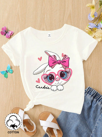 Baby Girl's Casual Basic T-Shirt, Fun, Cute, Simple Letter And Rabbit Print Pattern, Spring And Summer