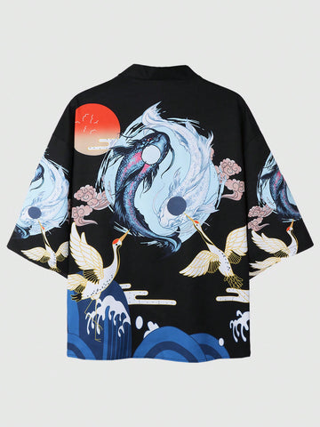Men'S Crane & Fish Print Kimono Shirt