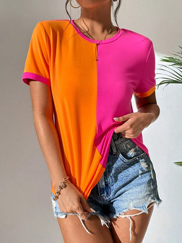 Women's Color Block Round Neck Short Sleeve T-Shirt