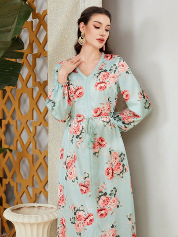 Women's Floral Print V-Neck Belted Arabian Dress