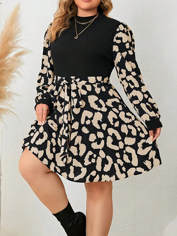 Plus Size Women's Stand Collar Leopard Print Dress