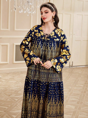 Women's Arabic Geo Print Dress With Gold Foil Detailing