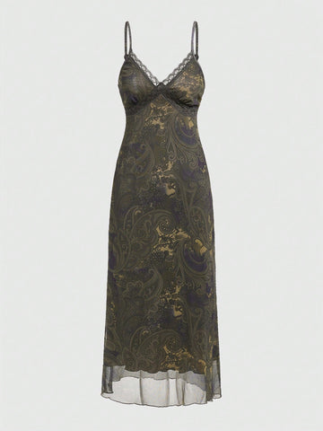 Women's Patchwork Lace Trim Paisley Print Cami Dress