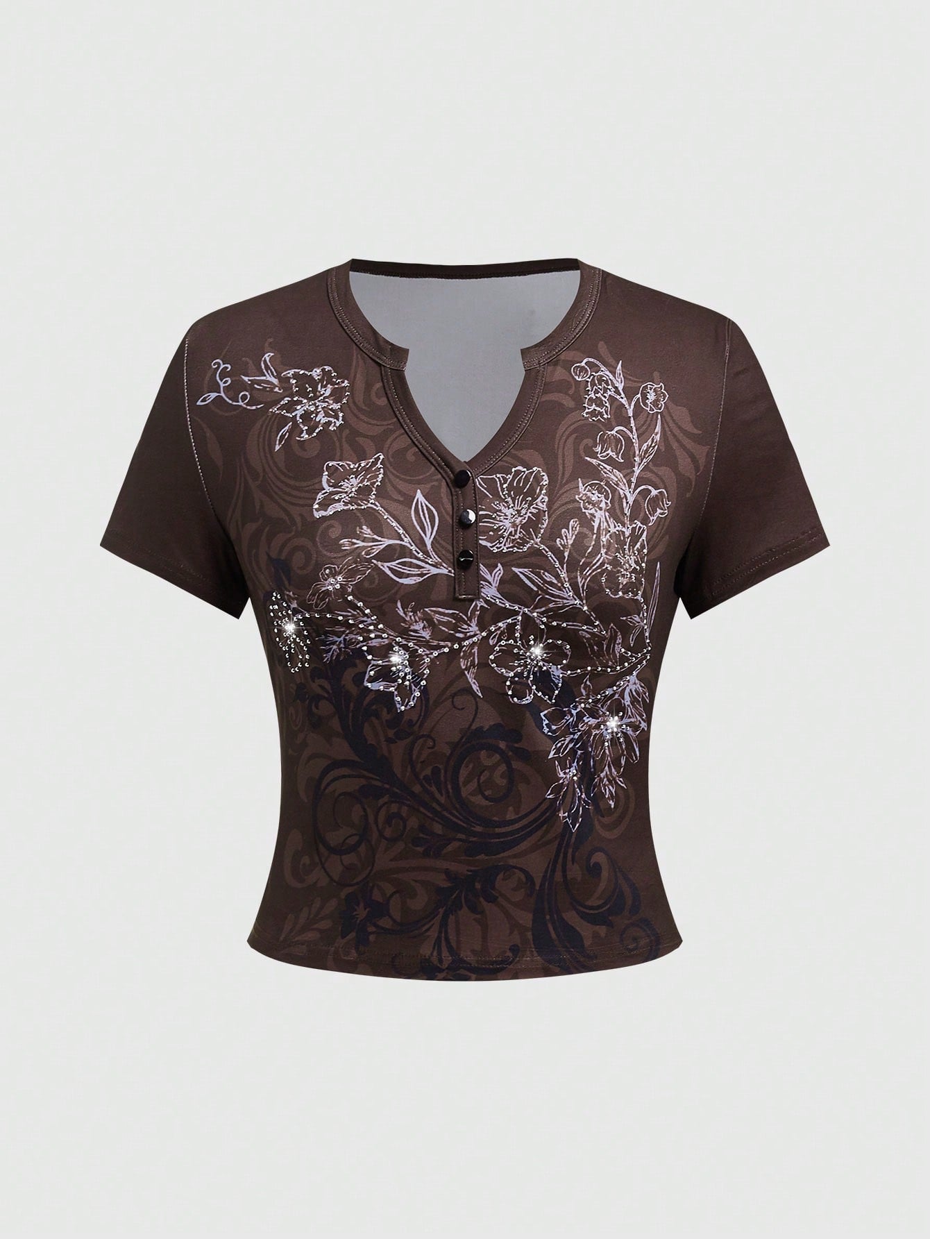 Ladies' Floral Printed Notched Neck T-Shirt