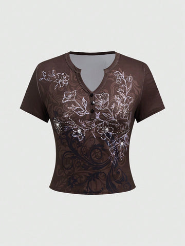 Ladies' Floral Printed Notched Neck T-Shirt