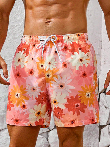 Men's Daisy Printed Drawstring Beach Shorts