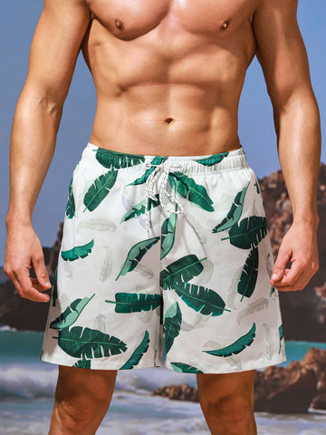 Men's Leaf Printed Drawstring Beach Shorts