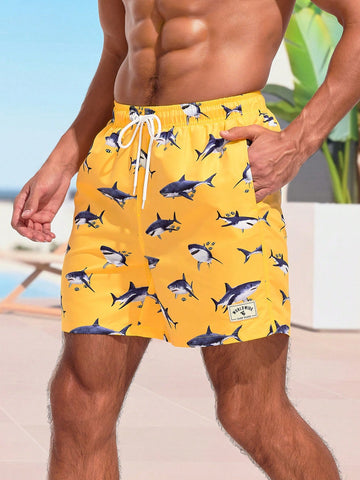 Men's Shark Pattern Drawstring Beach Shorts