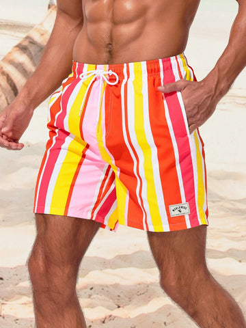 Men's Drawstring Waist Color Block Striped Printed Beach Shorts