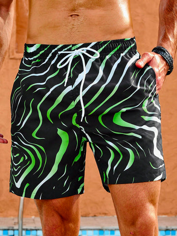 Men's All-Over Printed Drawstring Waist Beach Shorts