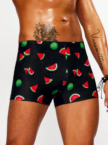 Men's Watermelon Print Square Leg Swimming Trunks