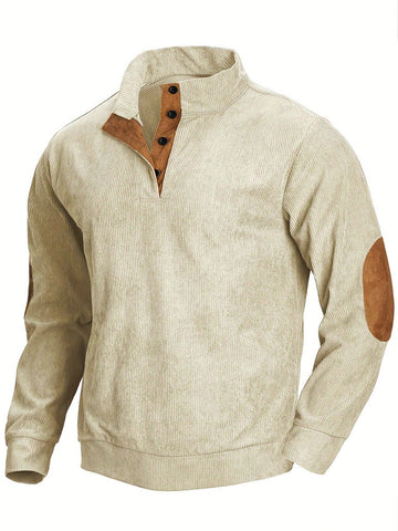 Loose Men's Half-Placket Knitted Sweatshirt With Buttons, Long Sleeves