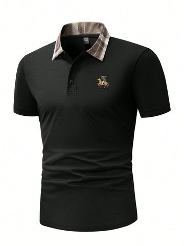 Men'S Plaid Patchwork Polo Shirt, Featuring Horse Rider Print